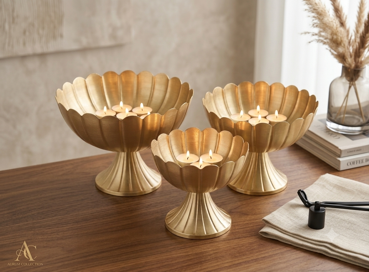 Gold Metal Urli Bowl Set – Premium 3-Piece Decorative Festive Décor (2 Designs)