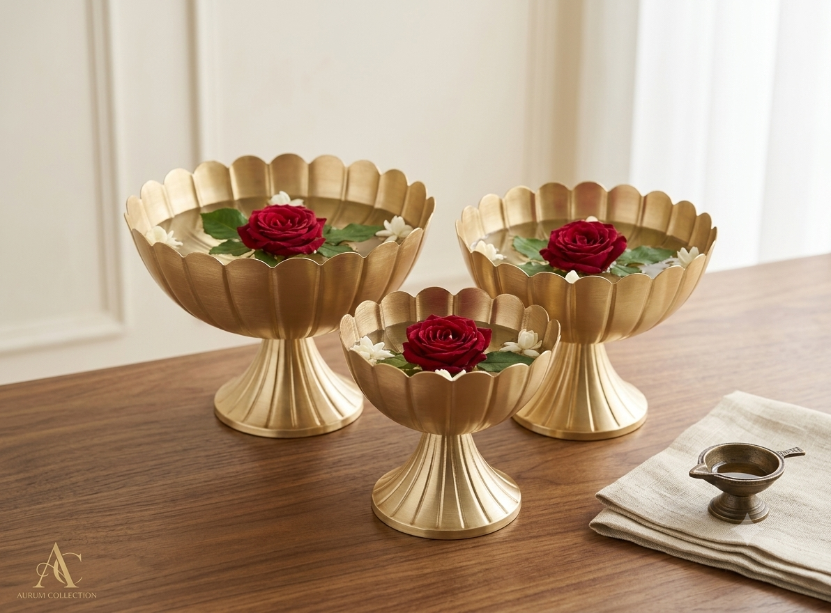 Gold Metal Urli Bowl Set – Premium 3-Piece Decorative Festive Décor (2 Designs)