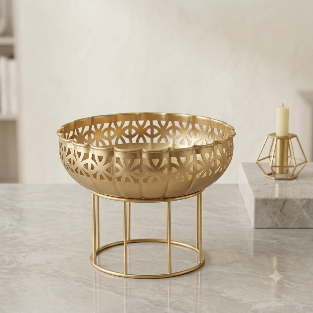 Gold Metal Jali Urli Bowl on Wire Stand – Premium Festive Home Décor