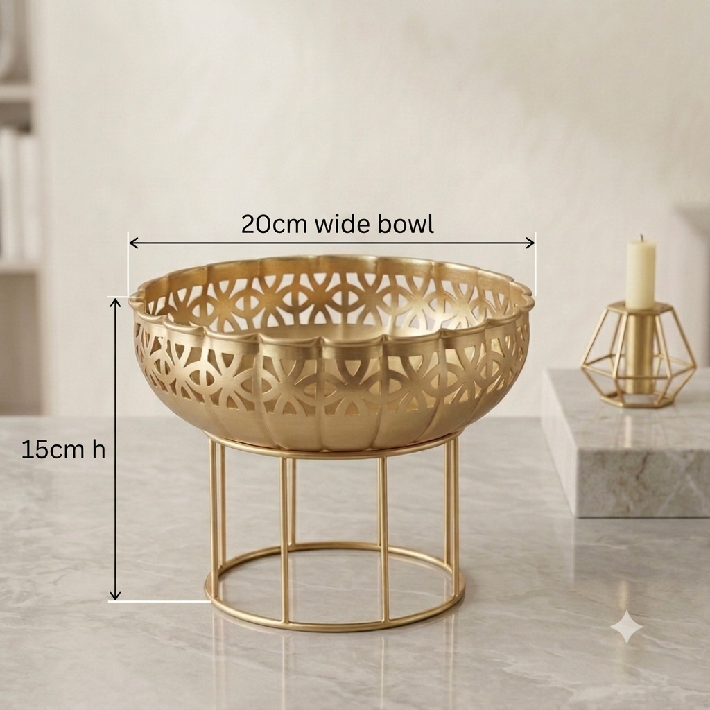 Gold Metal Jali Urli Bowl on Wire Stand – Premium Festive Home Décor