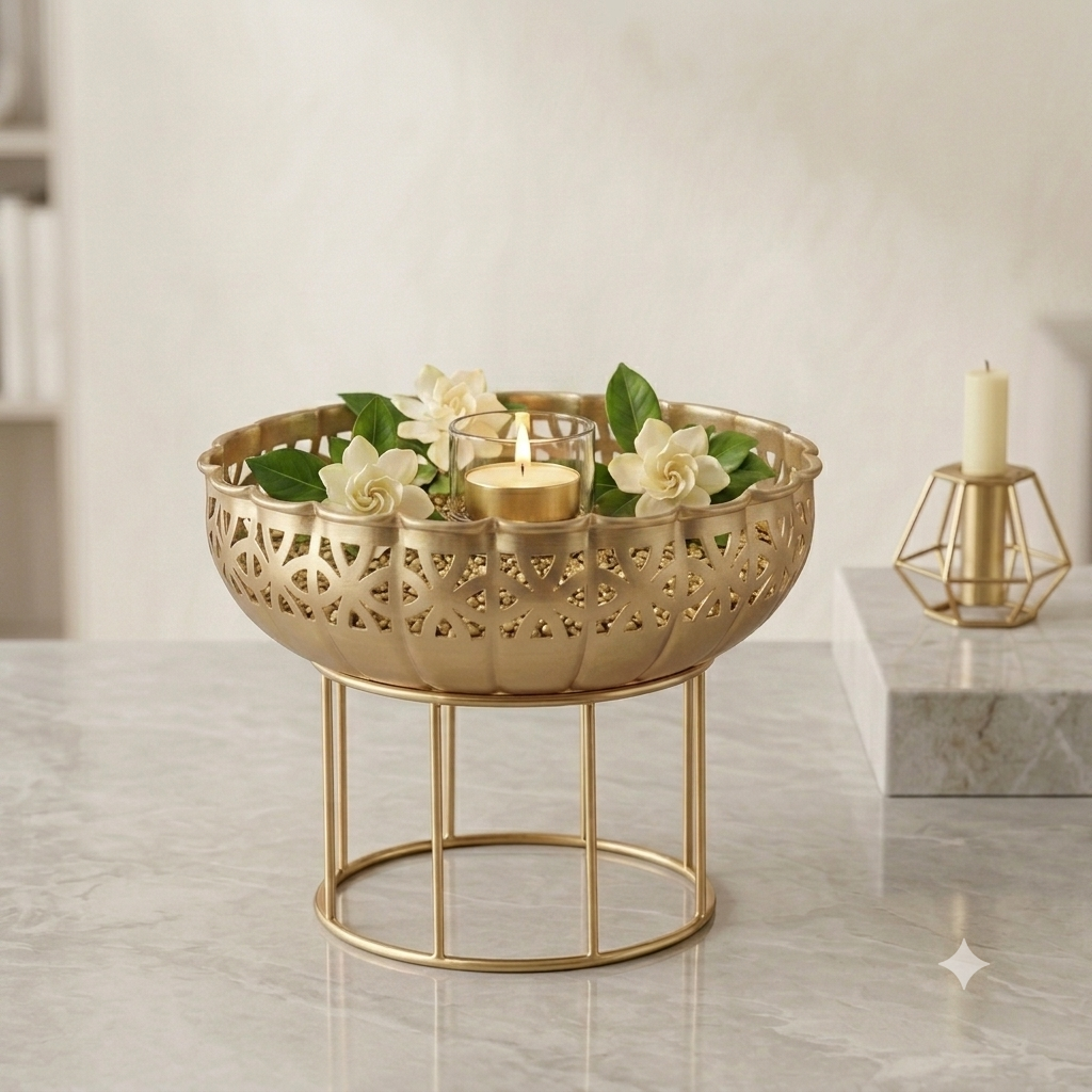 Gold Metal Jali Urli Bowl on Wire Stand – Premium Festive Home Décor