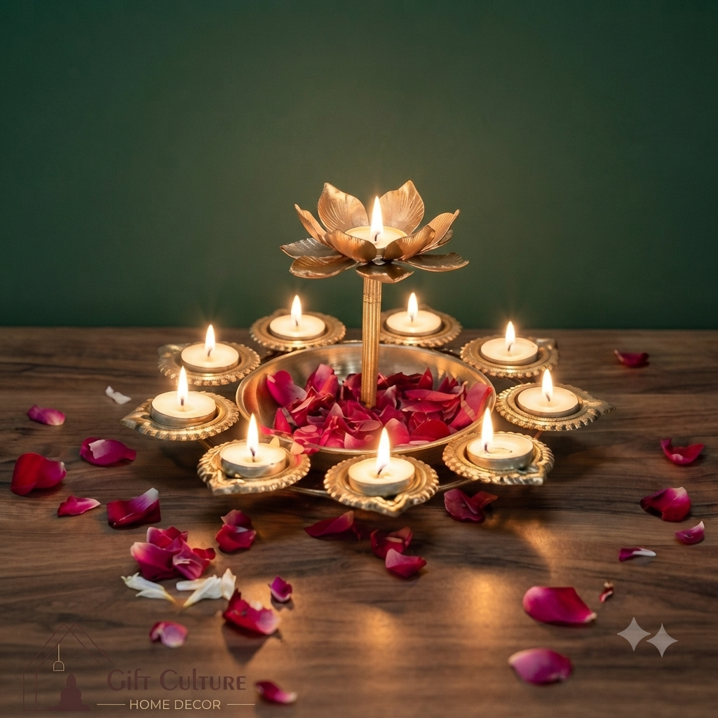 Gold Metal Lotus Urli Diya Stand – Premium Festive Décor (4 Designs)