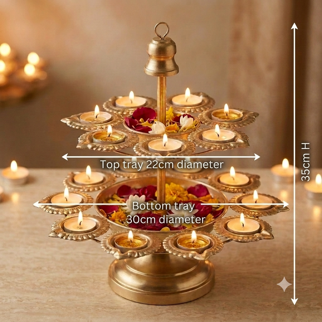Gold Metal Urli Diya Stand with Bell – Premium 2‑Tier Festive Décor