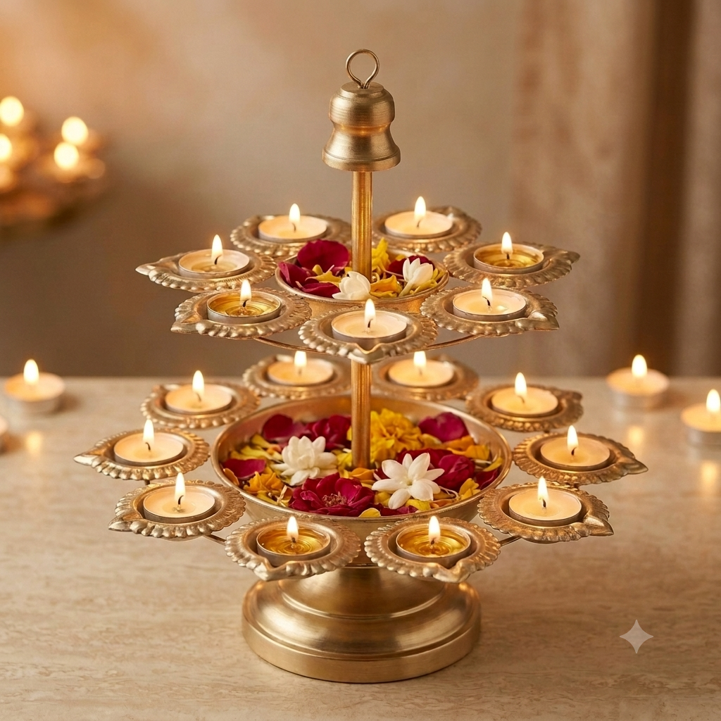Gold Metal Urli Diya Stand with Bell – Premium 2‑Tier Festive Décor
