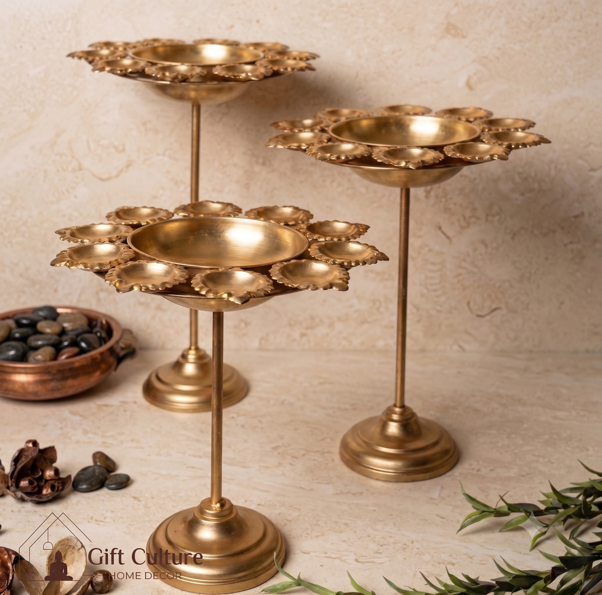 Gold Metal Standing Urli Set – Premium 3‑Piece Festive Décor Collection