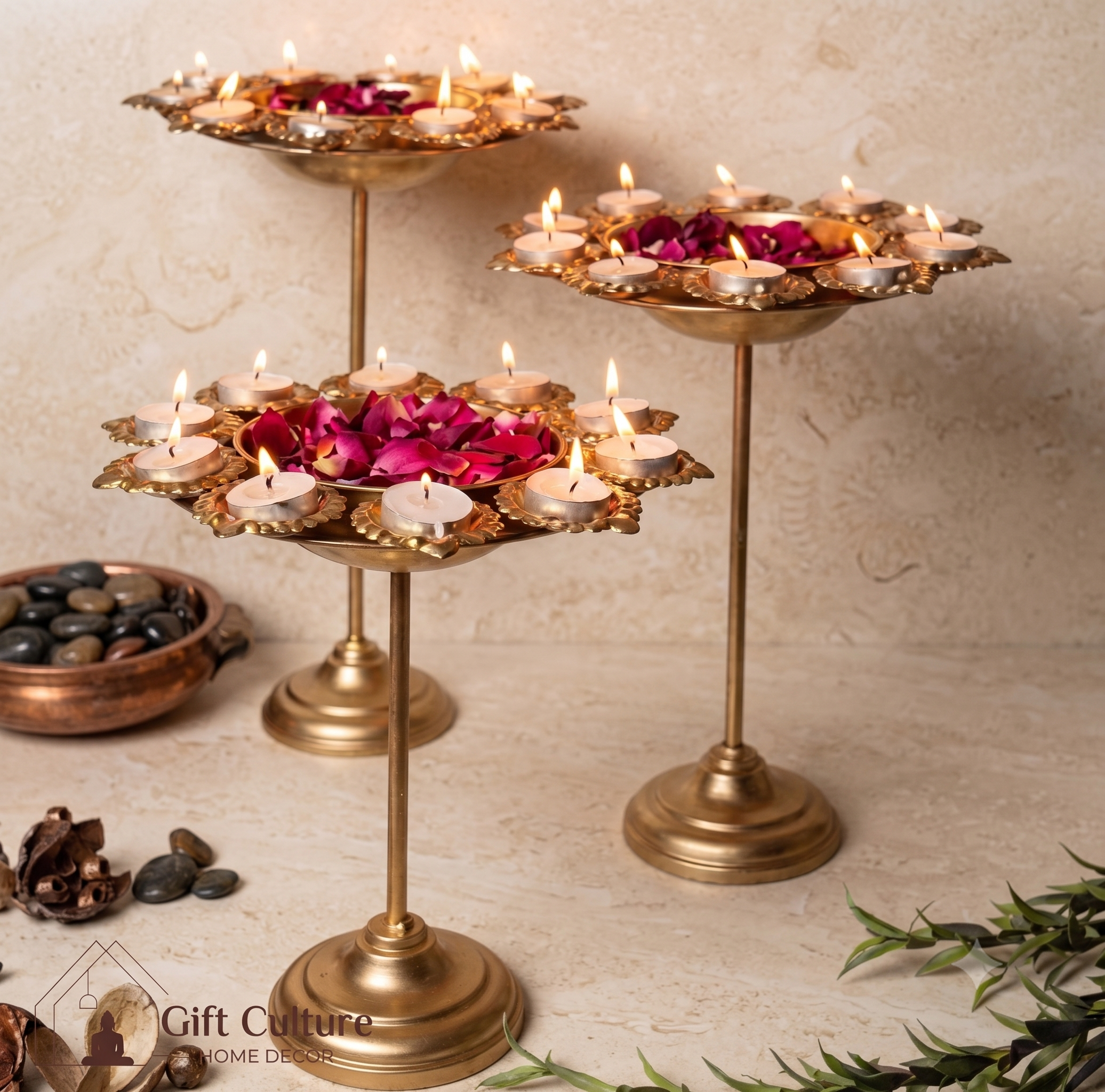 Gold Metal Standing Urli Set – Premium 3‑Piece Festive Décor Collection