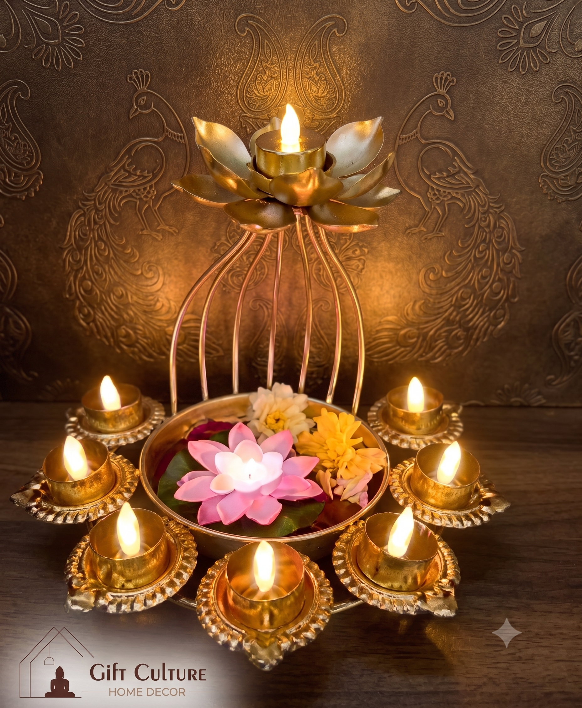 Gold Metal Lotus Urli Diya Stand – Premium Festive Décor (4 Designs)