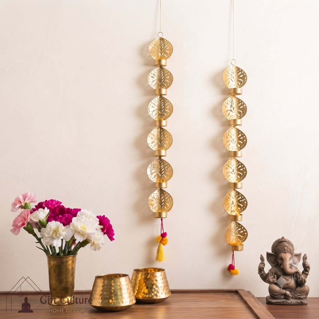 Gold-Finished Metal Hanging Wall Art Tealight Candle Holder (Set of 2)
