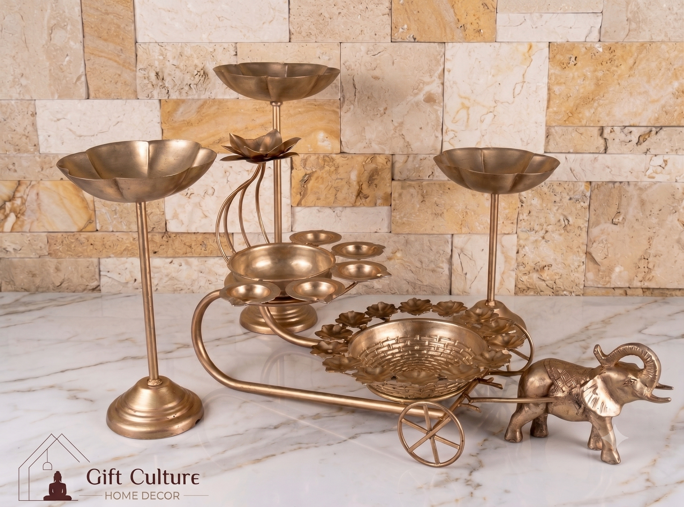 Gold Metal Elephant Urli Cart & Tealight Stand Set – Premium Festive Décor