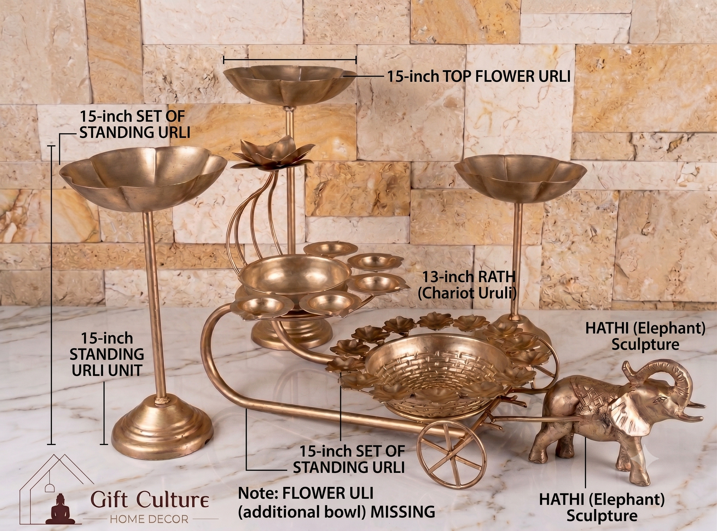 Gold Metal Elephant Urli Cart & Tealight Stand Set – Premium Festive Décor