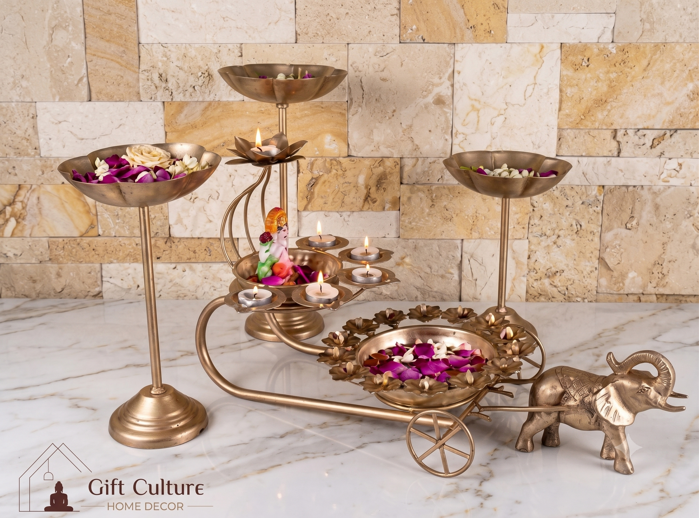 Gold Metal Elephant Urli Cart & Tealight Stand Set – Premium Festive Décor