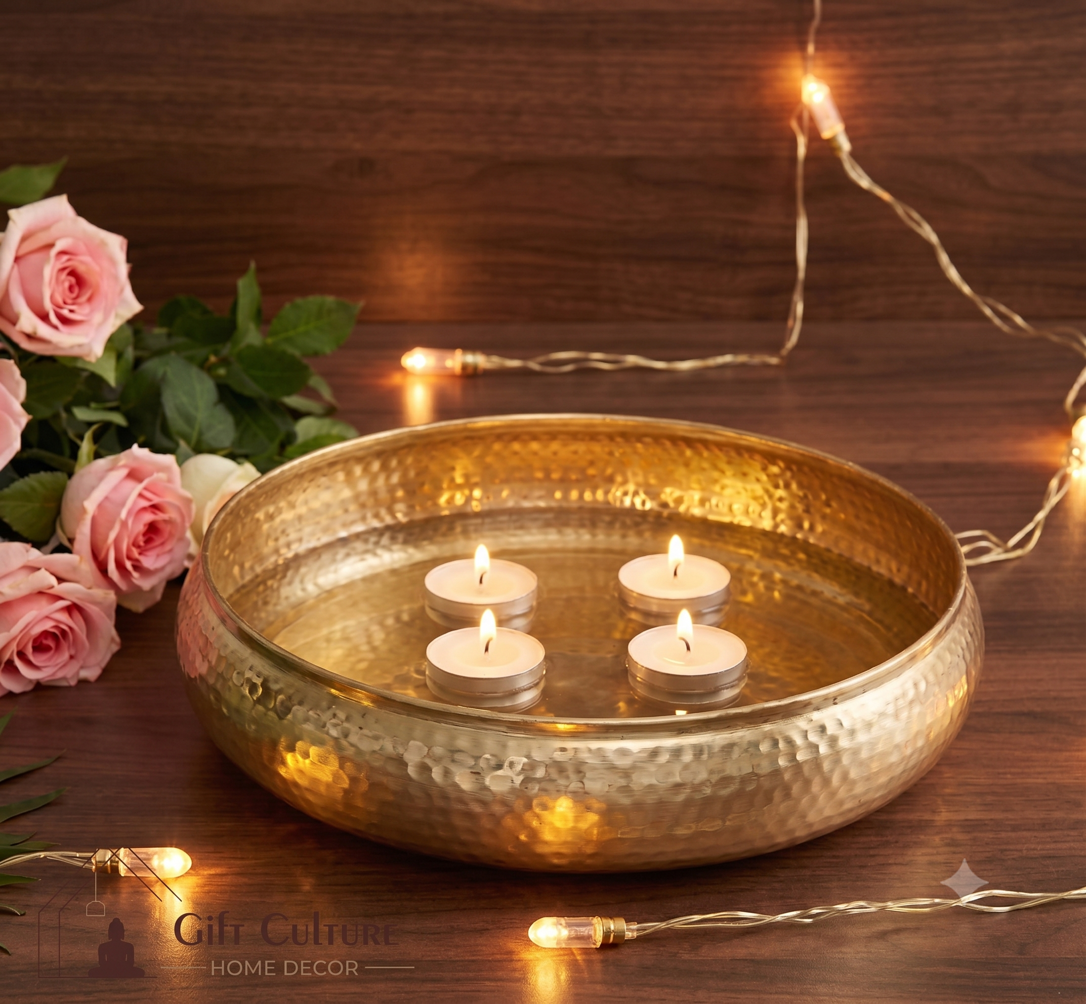 Gold Hammered Metal Urli Tray – Set of 2 (10 Inch & 8 Inch)