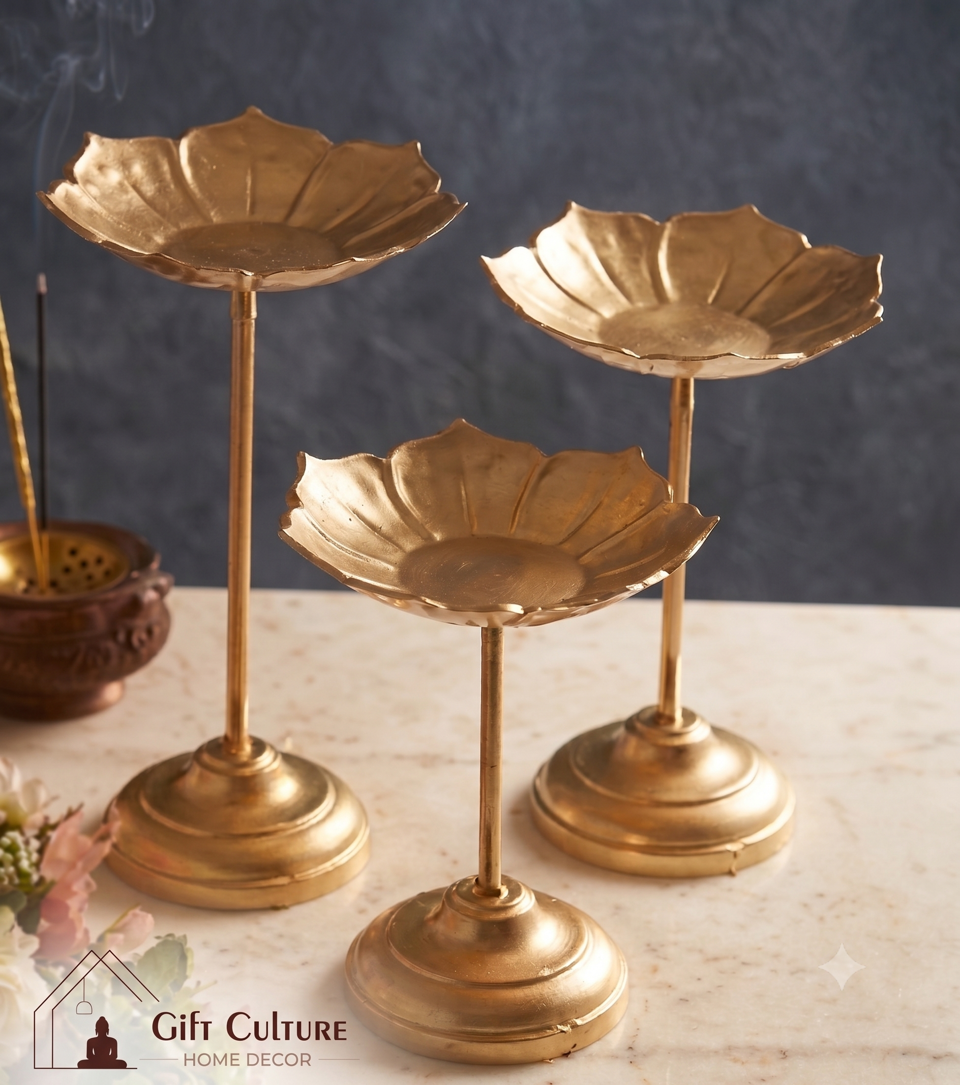 Gold Metal Lotus Candle Holder Sets – Premium 3-Piece Decorative Décor