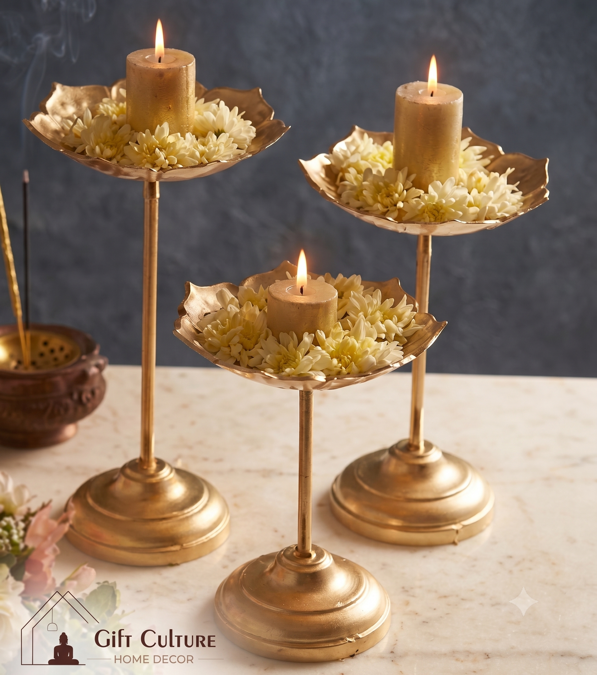 Gold Metal Lotus Candle Holder Sets – Premium 3-Piece Decorative Décor
