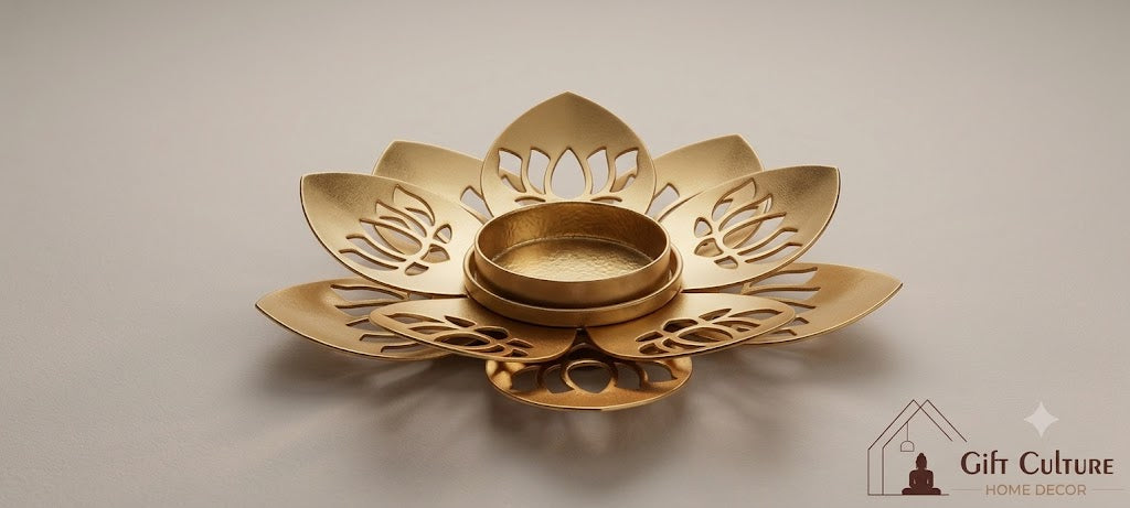 Gold Metal Lotus Tealight Holder – Elegant Home & Temple Décor