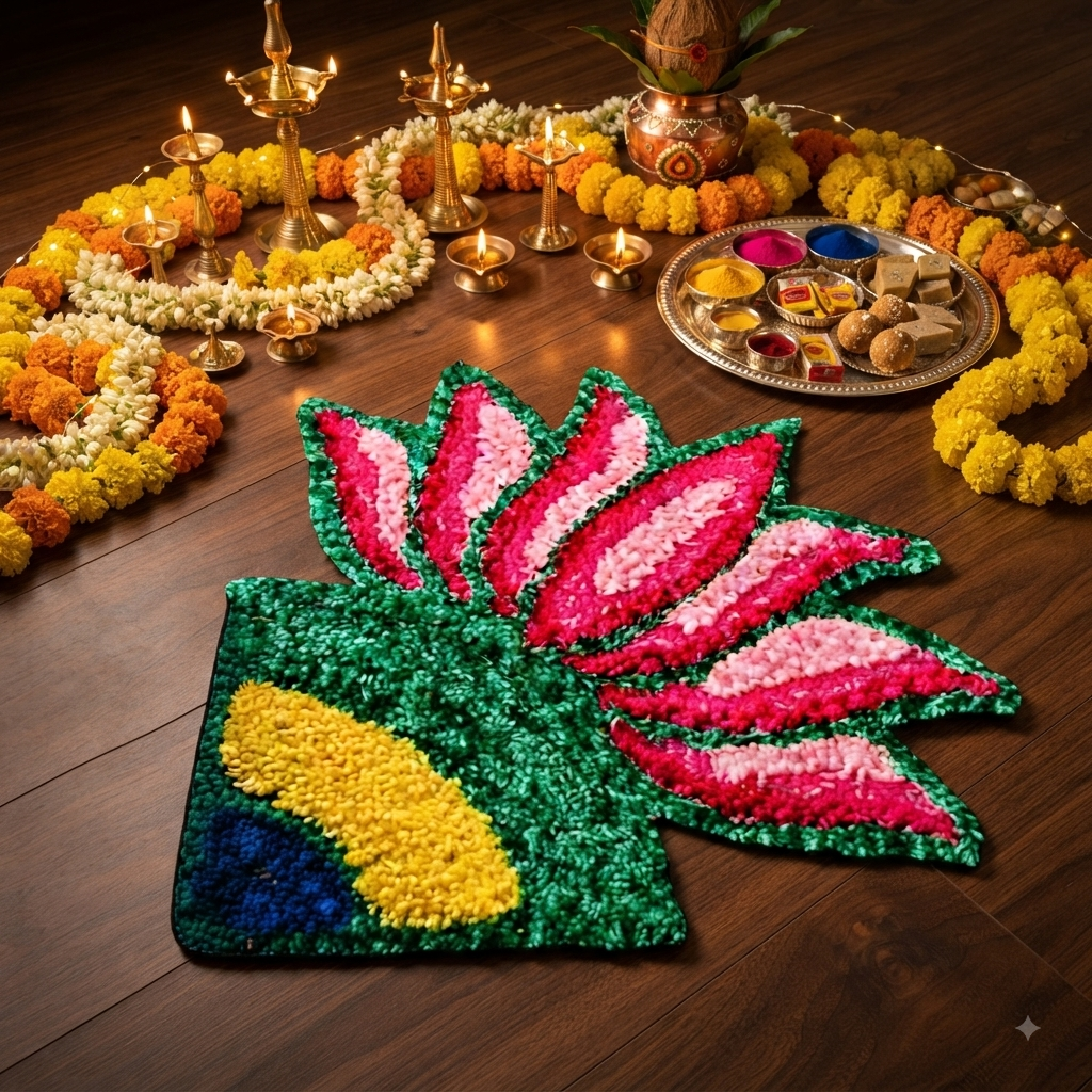 Handcrafted Lotus Rangoli Mat | Reusable Rangoli Mat for Pooja Room & Diwali Decor