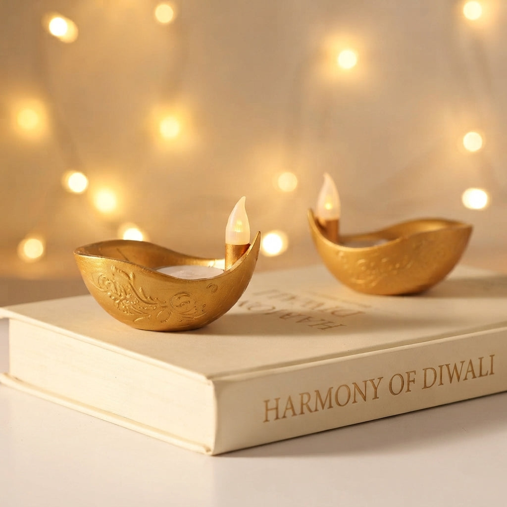 Peacock & Traditional Water Sensor LED Diya Pack of 12 - Flameless & Oilless Water-Activated Clay Light