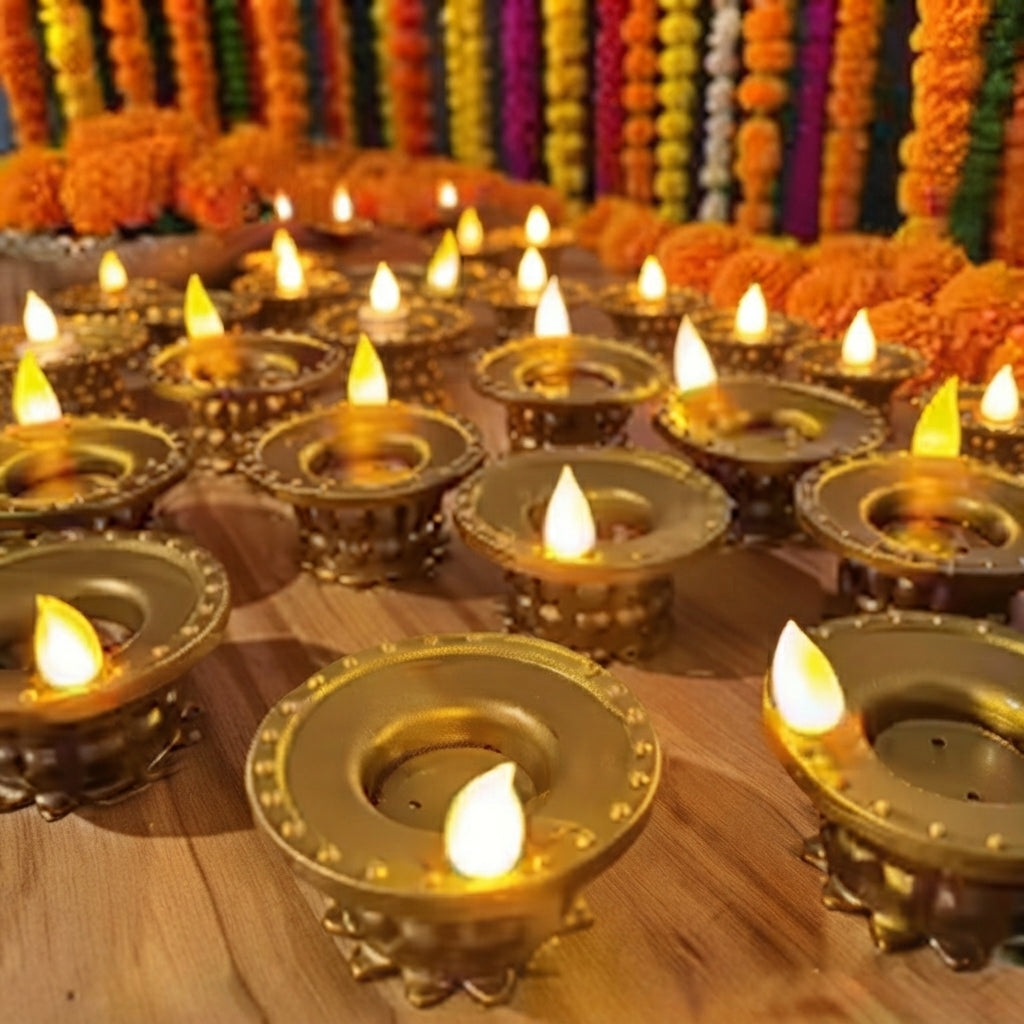 Peacock & Traditional Water Sensor LED Diya Pack of 12 - Flameless & Oilless Water-Activated Clay Light