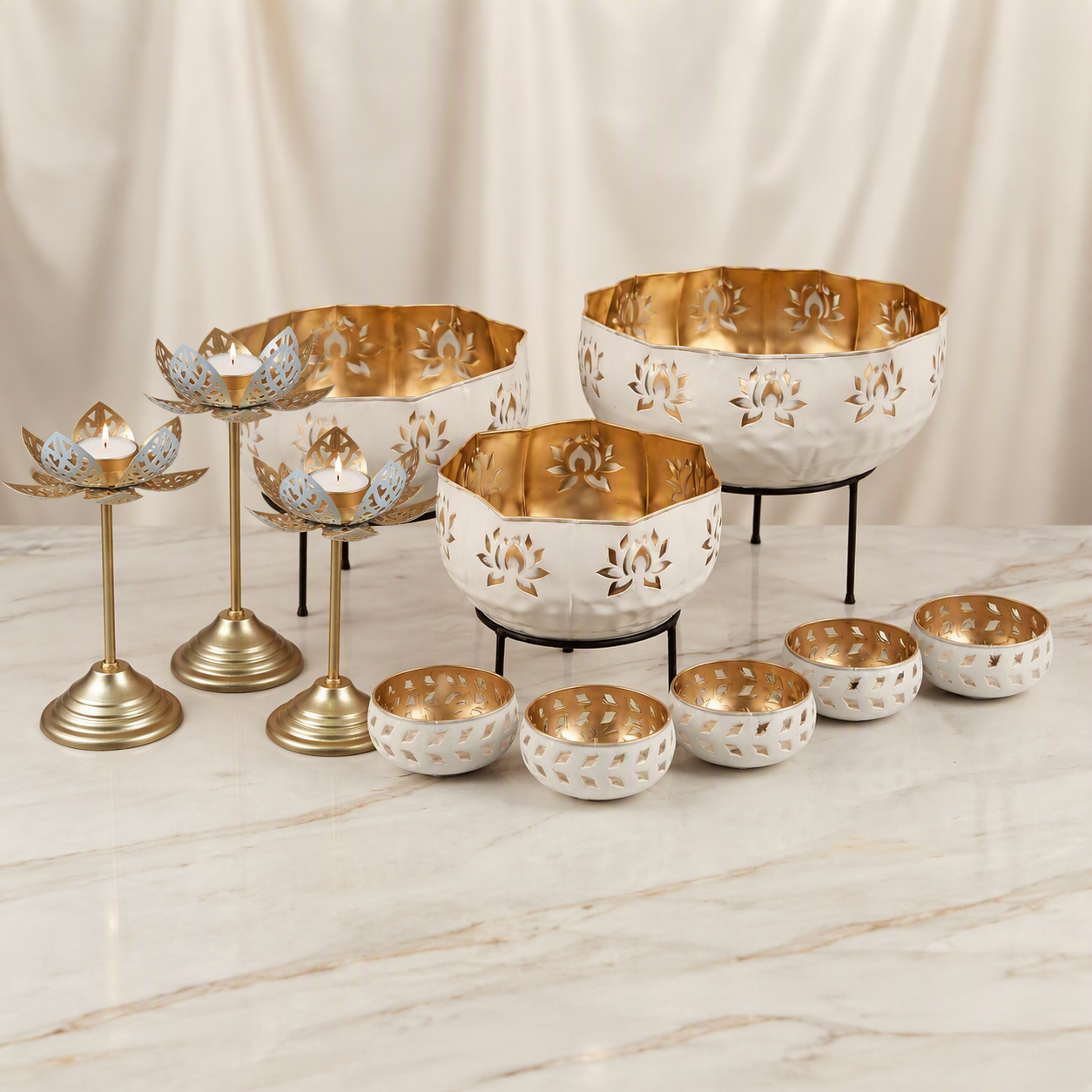 White & Gold Lotus Urli & Tealight Stand Set – 11-Piece Diwali Decoration Items for Home Décor Living Room Pooja Room Uruli Bowls Aesthetic Decorative Items for Home Décor
