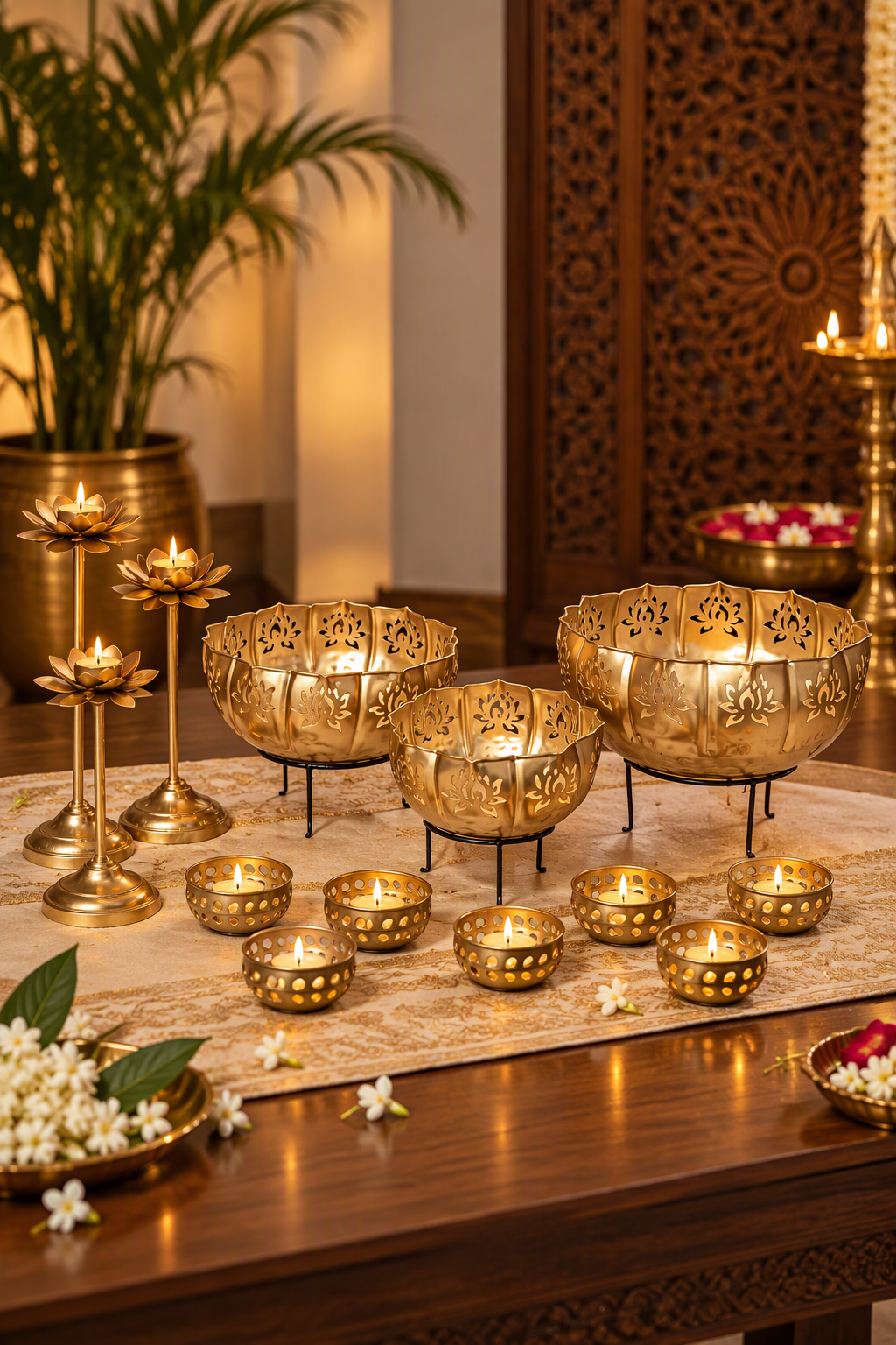 Lotus Urli Bowl with Stand With Candle Stand Set for Home Decor (Metal, Set of 13 pcs)