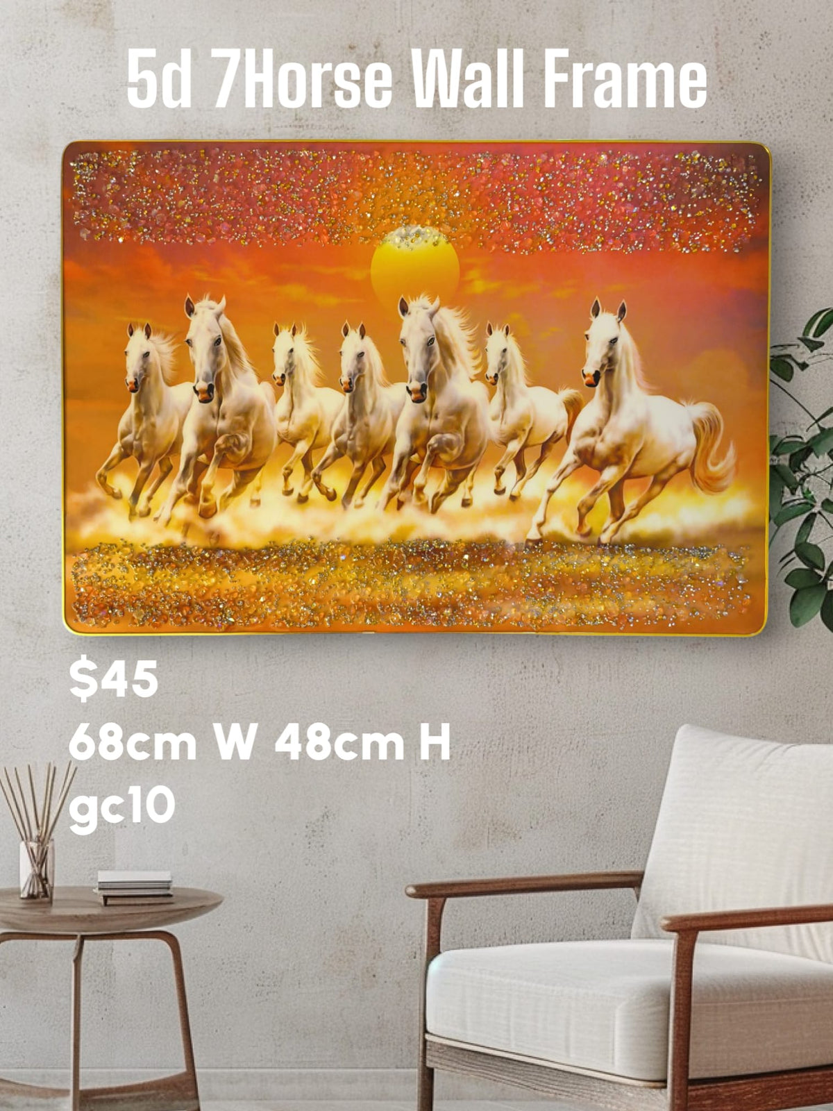 Running White 7 Horses 5D Crystal Porcelain Wall Painting