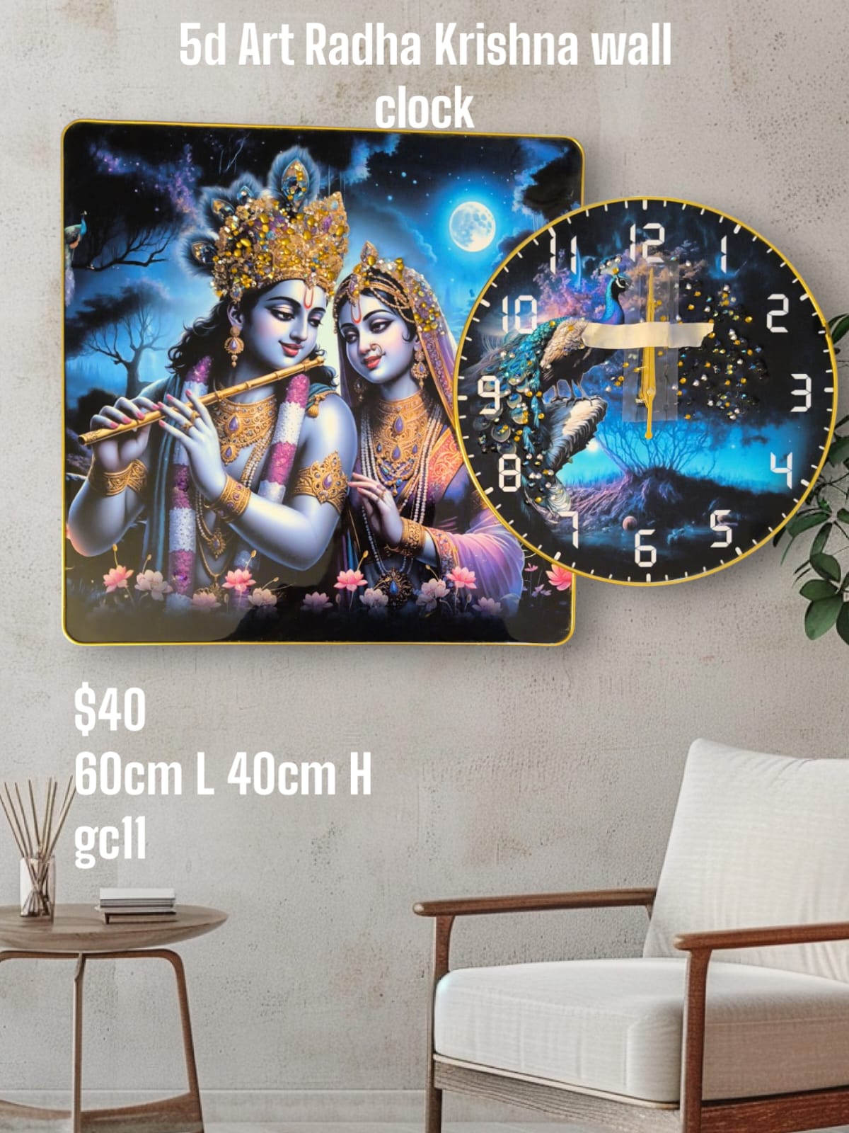 Radha Krishna with Peacock Wall Clock – 5D Crystal Art