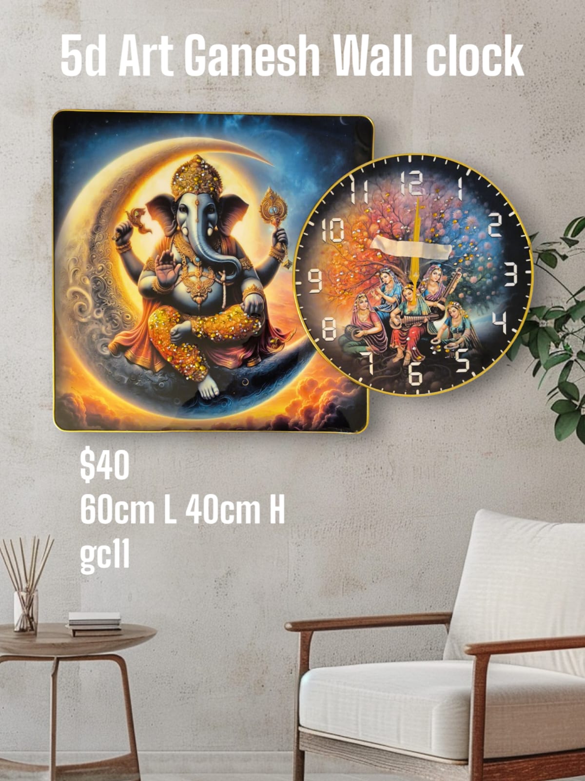 5D Crystal Art Ganesh Sitting on Moon – Wall Clock