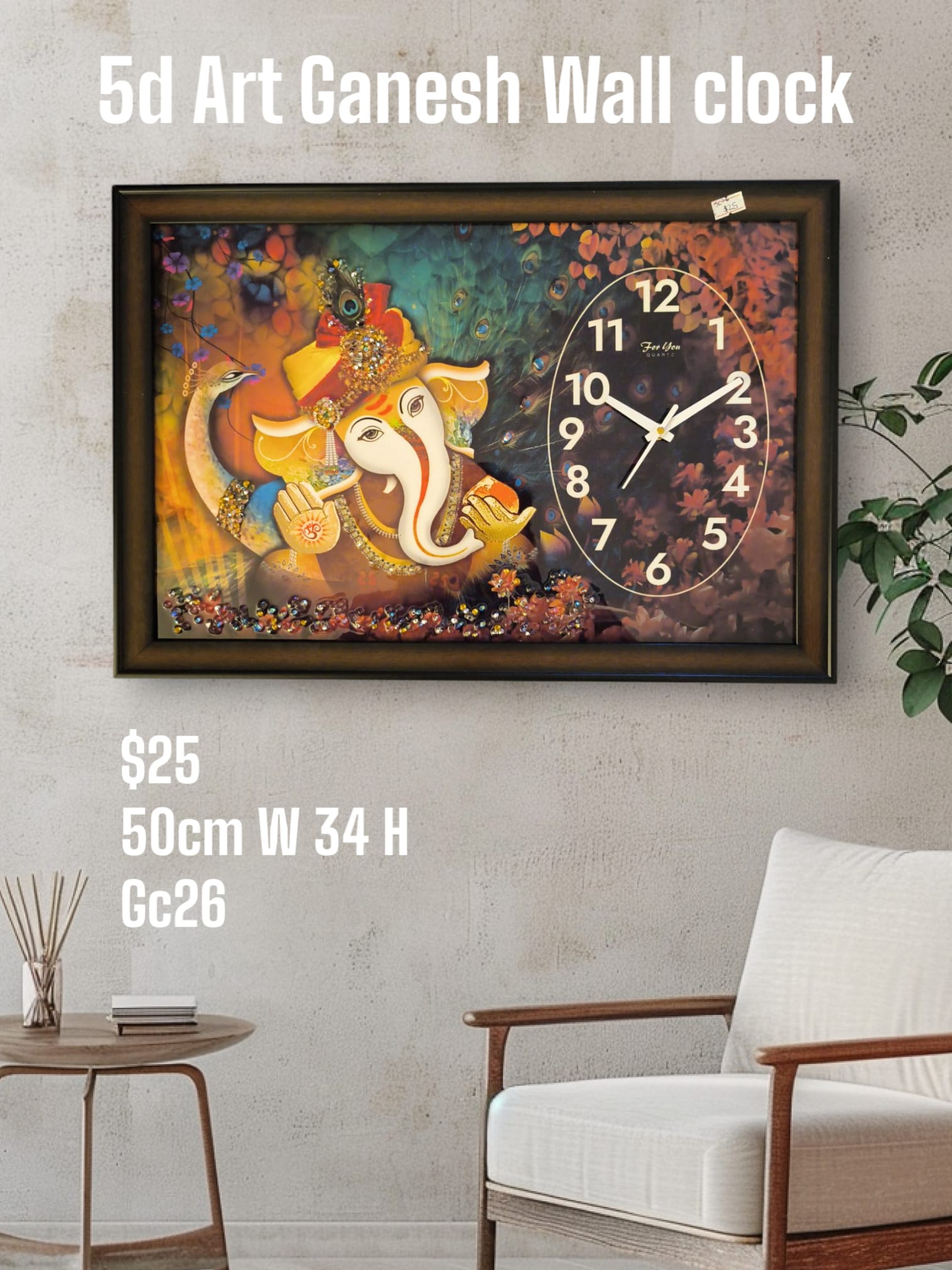 Ganeshji Wall Clock 50cm 5d Crystal Art