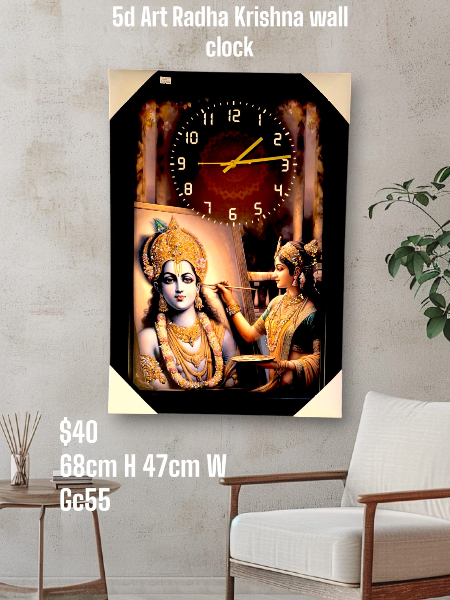 68cm Radha Krishna 5D Crystal Art Wall Clock