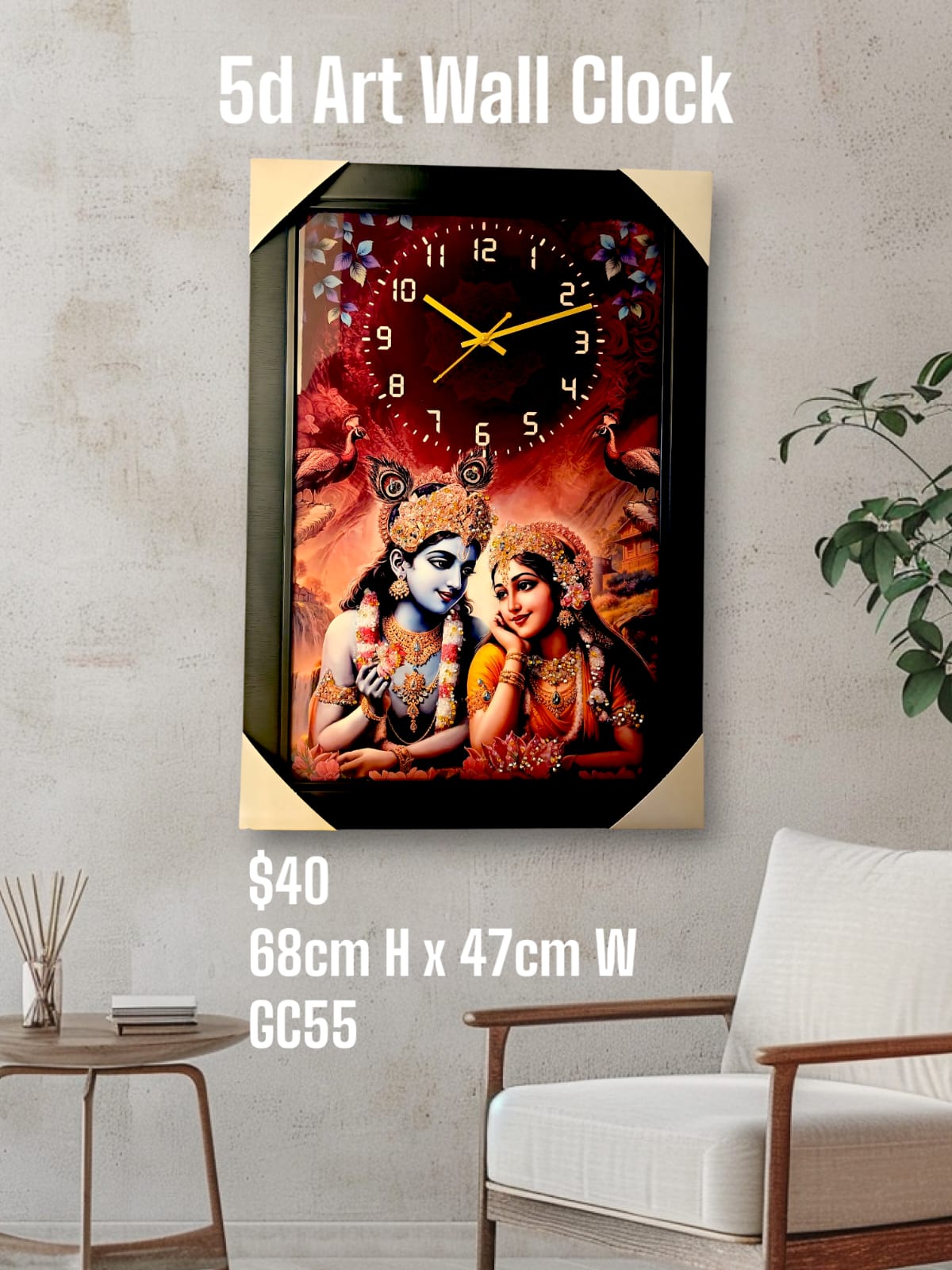 68cm Radha Krishna 5D Crystal Art Wall Clock