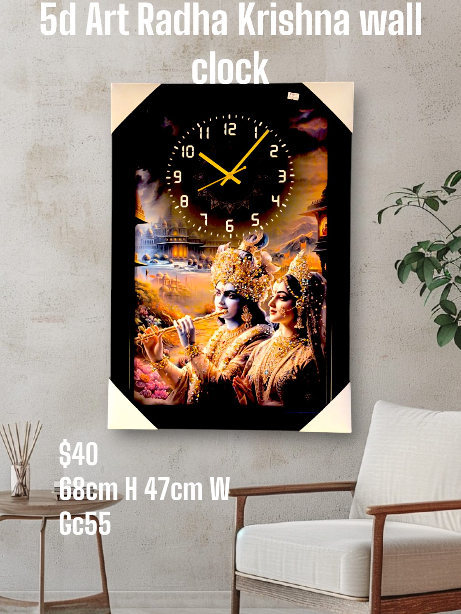 68cm Radha Krishna 5D Crystal Art Wall Clock