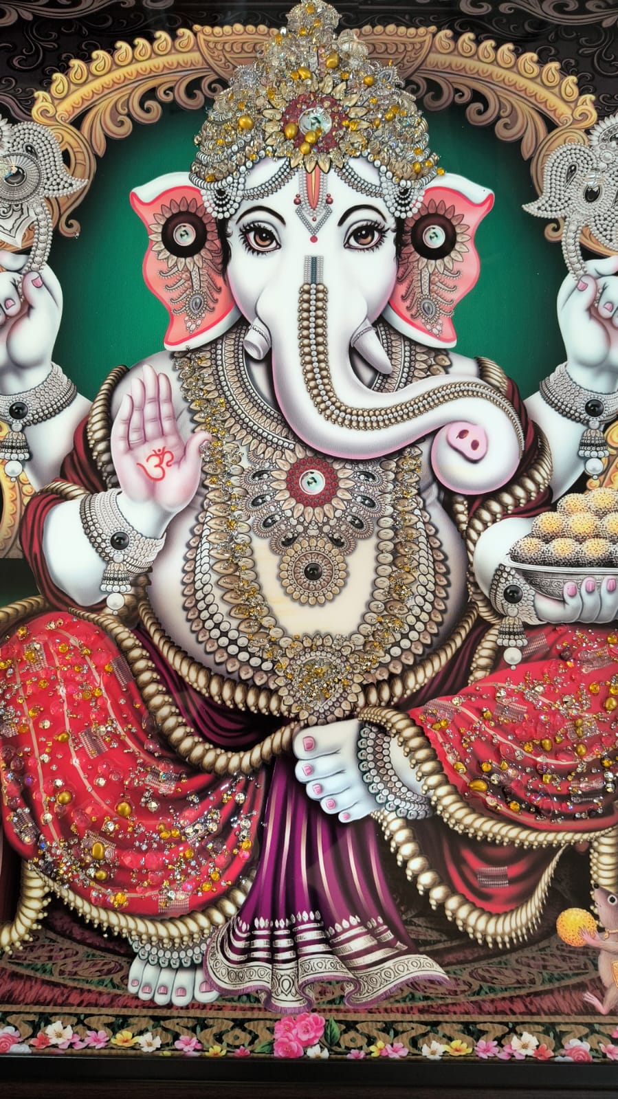 Ganesh Wall Painting  with Crystal-Embedded High Gloss Wooden Frame