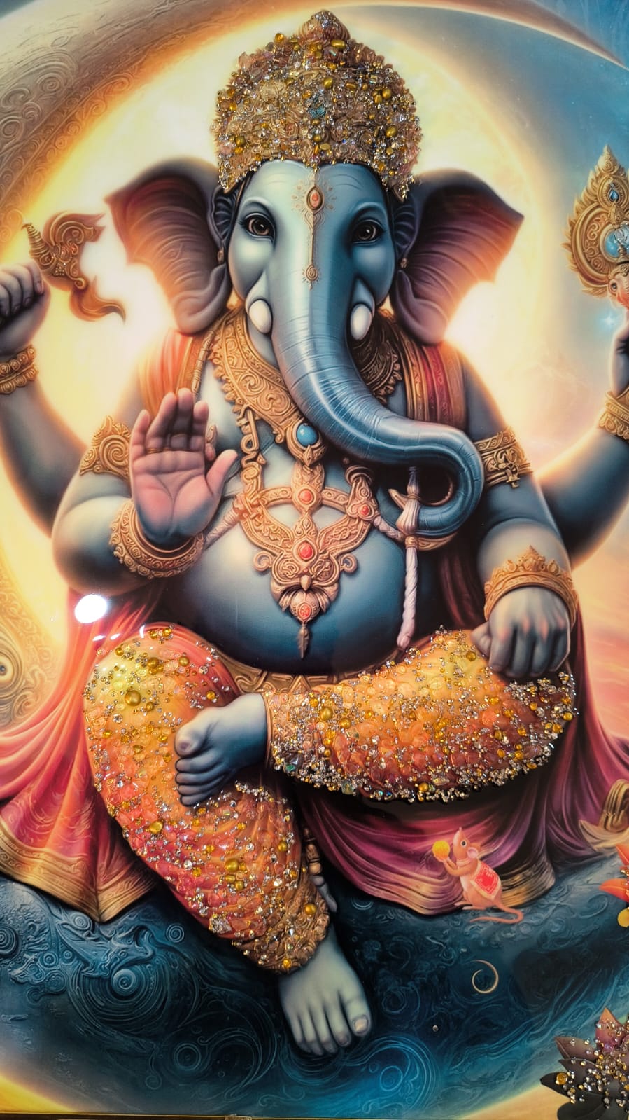 Ganesh Wall Painting – Crystal-Embedded | High Gloss Surface | Gold Slim Embossed Frame