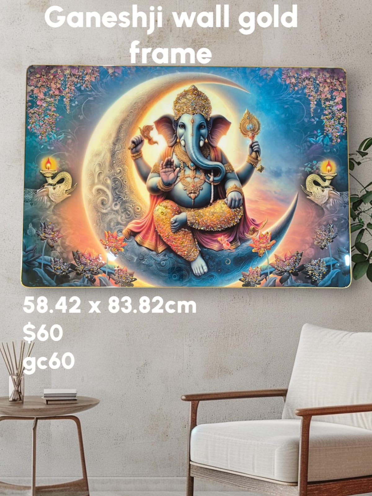 Ganesh Wall Painting – Crystal-Embedded | High Gloss Surface | Gold Slim Embossed Frame