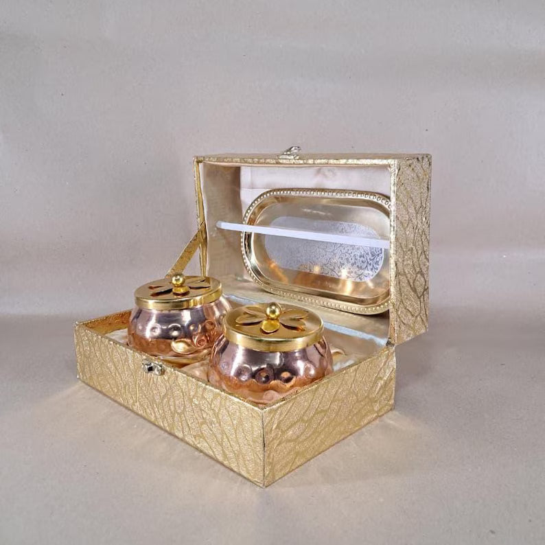 Copper Dry Fruit Box with Tray for Home, Dry Fruit Jar Set with Tray, Dry Fruit Container Box, Baby Shower Gift, Dry Fruit Box for Engagement, Return Gifts for Birthday (Set of 2)