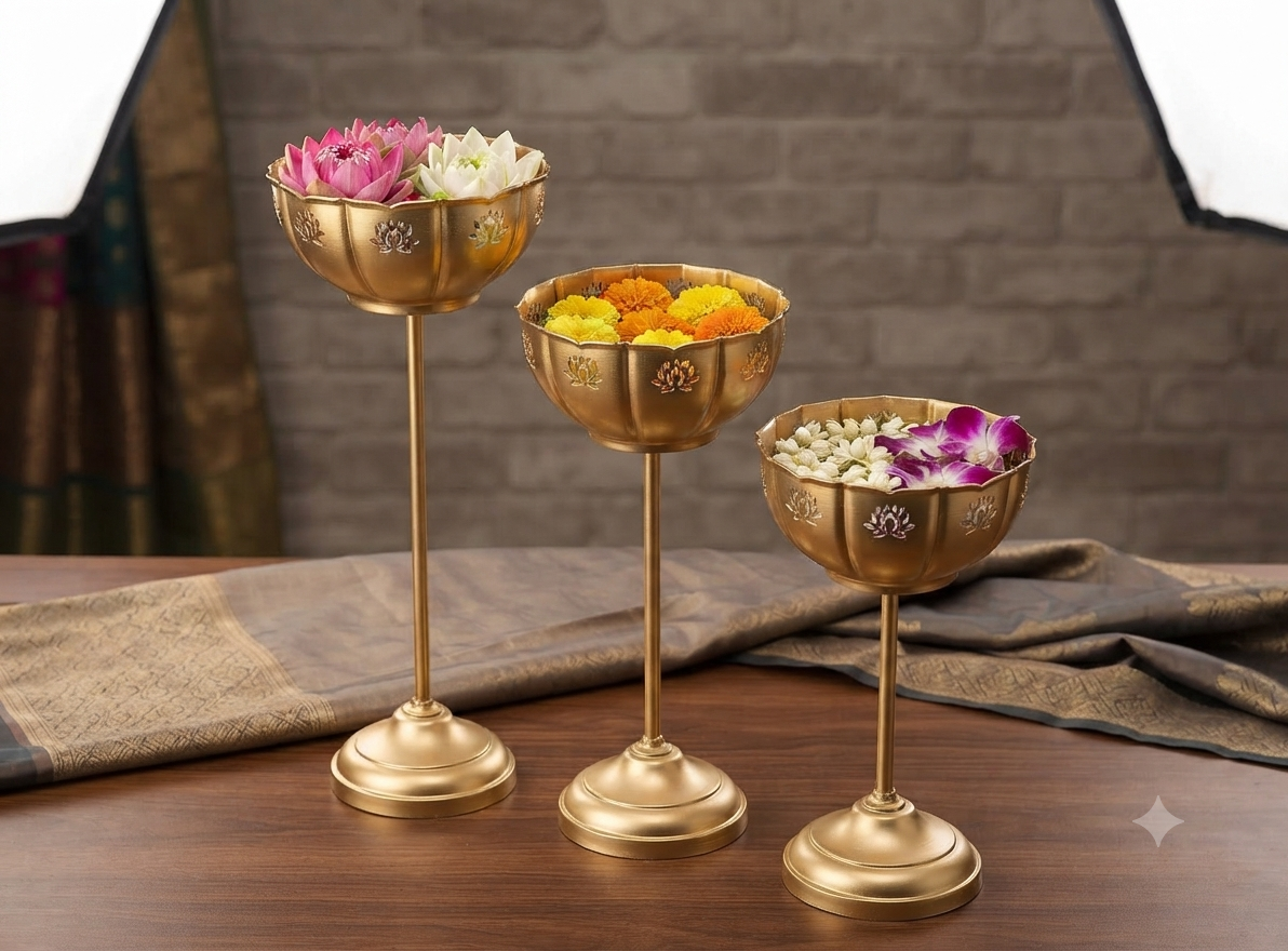 Gold Metal Urli Goblet Set – Elegant Decorative Home Décor (Set of 3)