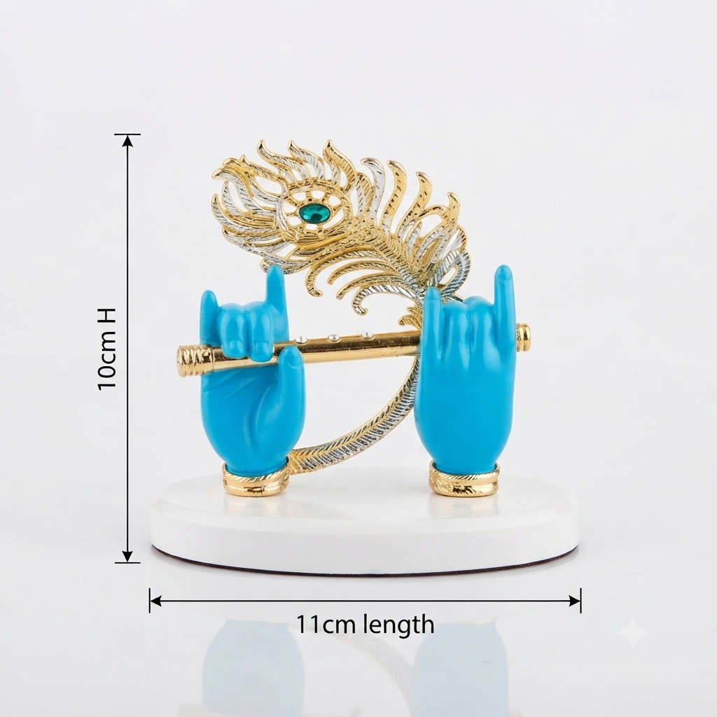 Lord Krishna Hands with Flute Idol Small Big Gold Plated Krishna Ji Hands with Peacock Feather Divine Statue for Car Dashboard Home Decor Griha Pravesh Gift