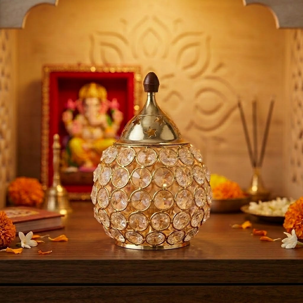Brass & Crystal Matki-Shaped Akhand Diya for Puja & Home Décor
