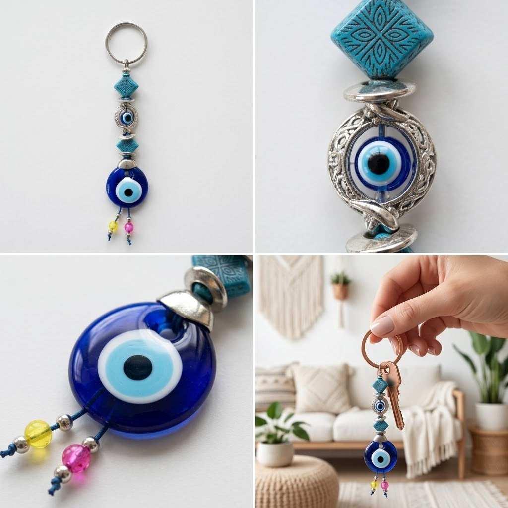 Handmade Glass Evil Eye Keychain – Traditional Blue Nazar Protection Amulet & Lucky Keyring