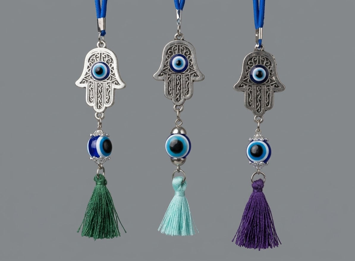 Hamsa Hand Evil Eye Hanging Charm – Protection Amulet for Car Mirror, Purse & Bag