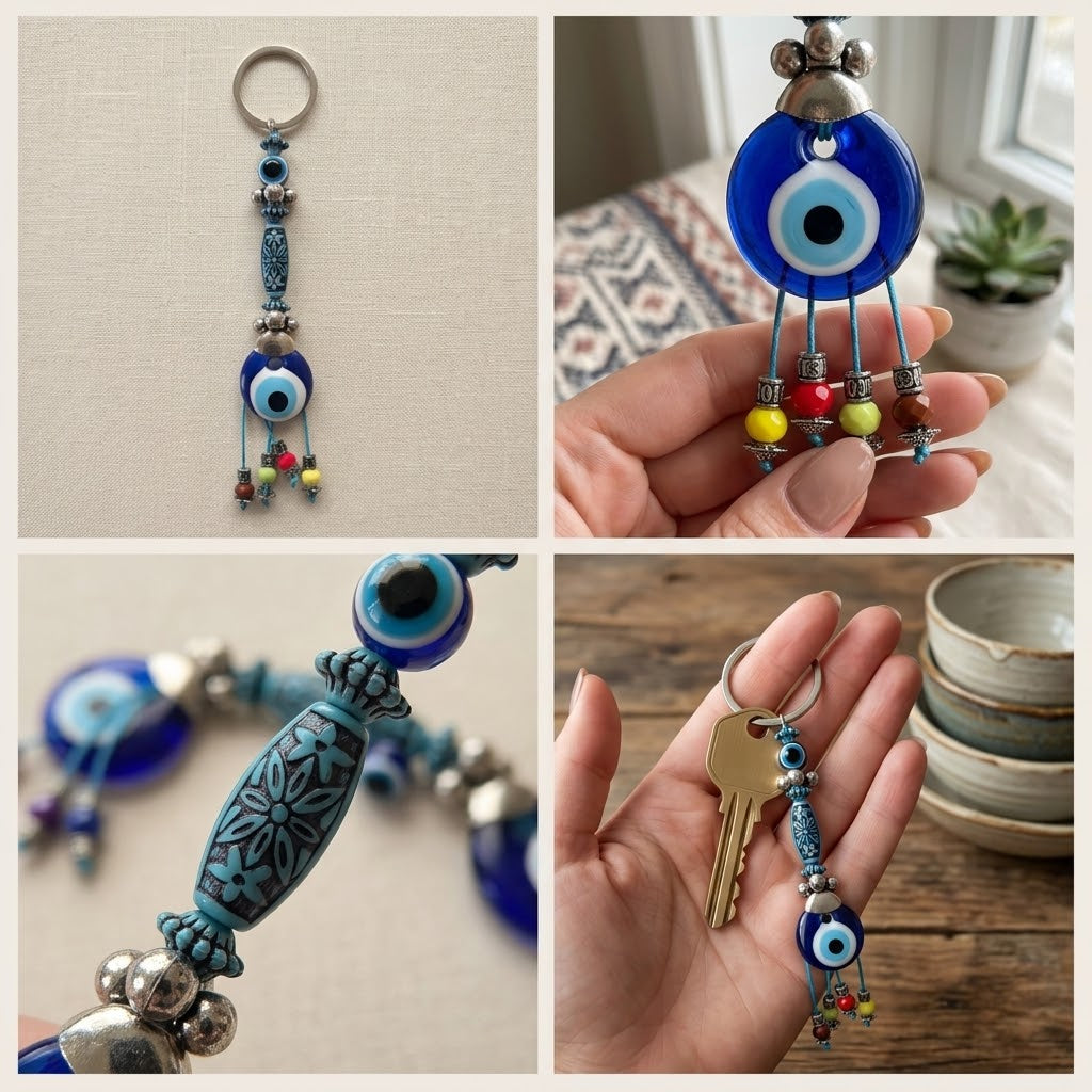 Handmade Glass Evil Eye Keychain – Traditional Blue Nazar Protection Amulet & Lucky Keyring