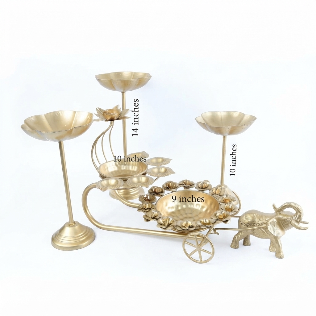 Gold Metal Elephant Urli Cart & Tealight Stand Set – Premium Festive Décor