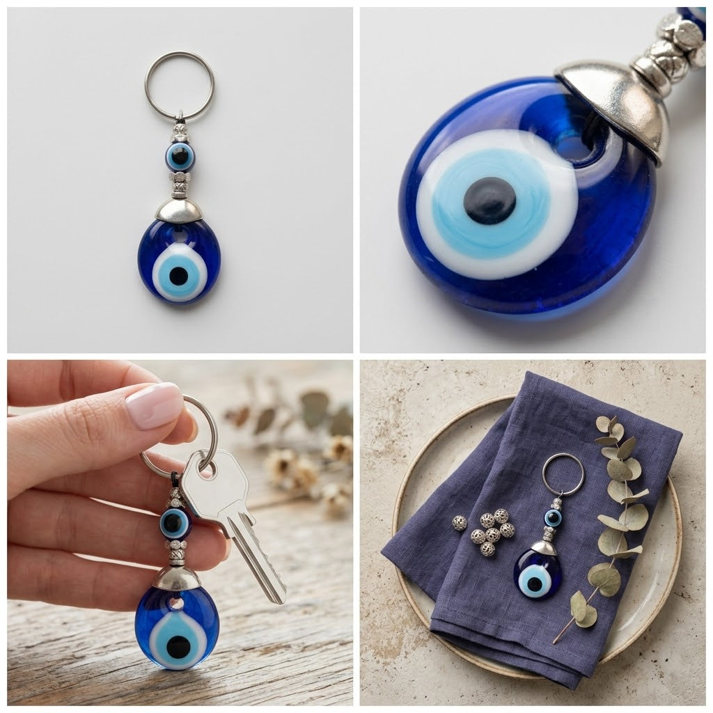 Handmade Glass Evil Eye Keychain – Traditional Blue Nazar Protection Amulet & Lucky Keyring