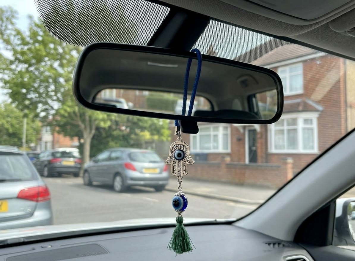 Hamsa Hand Evil Eye Hanging Charm – Protection Amulet for Car Mirror, Purse & Bag