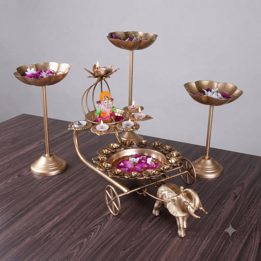 Gold Metal Elephant Urli Cart & Tealight Stand Set – Premium Festive Décor