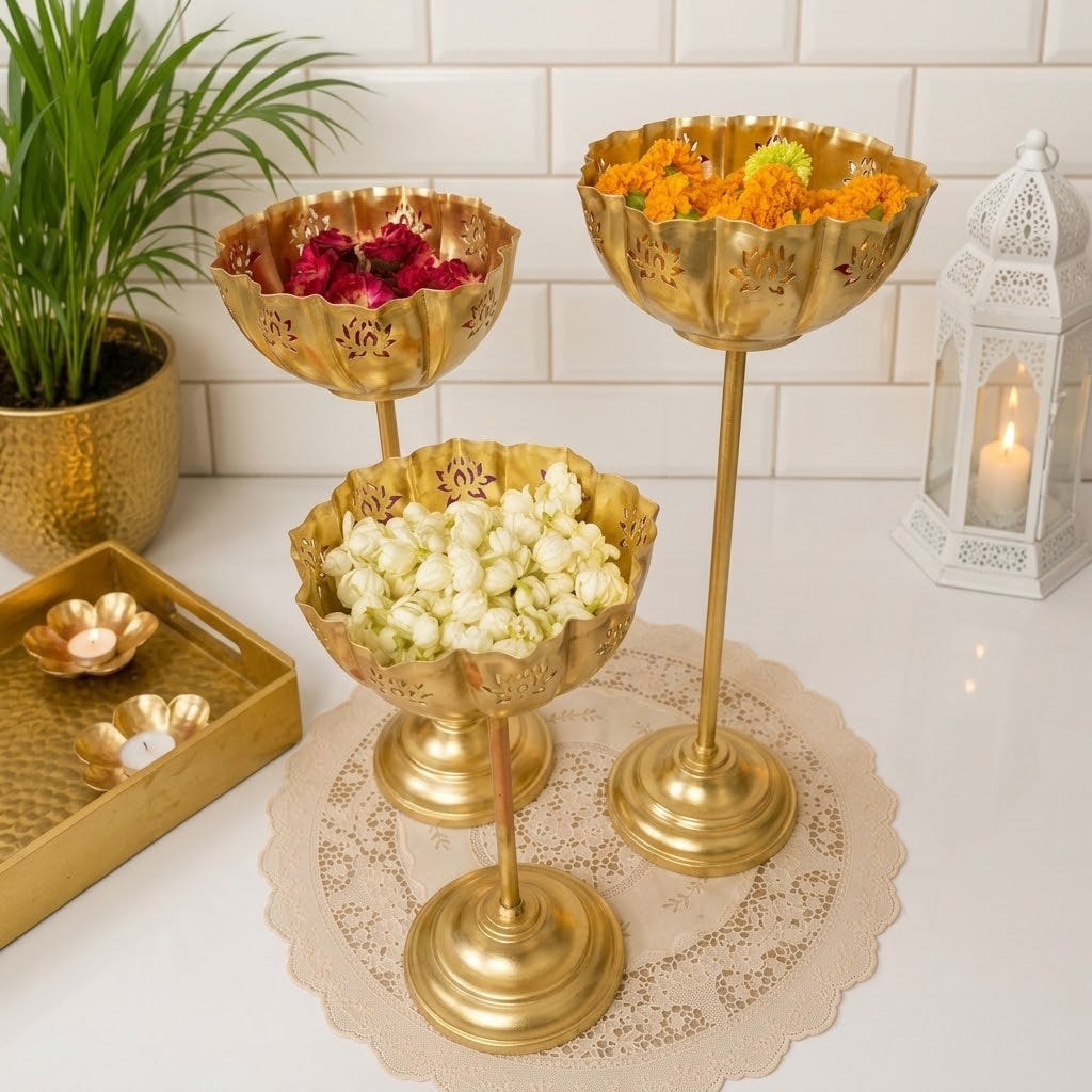 Lotus Cut Standing Urli Bowls Set of 3