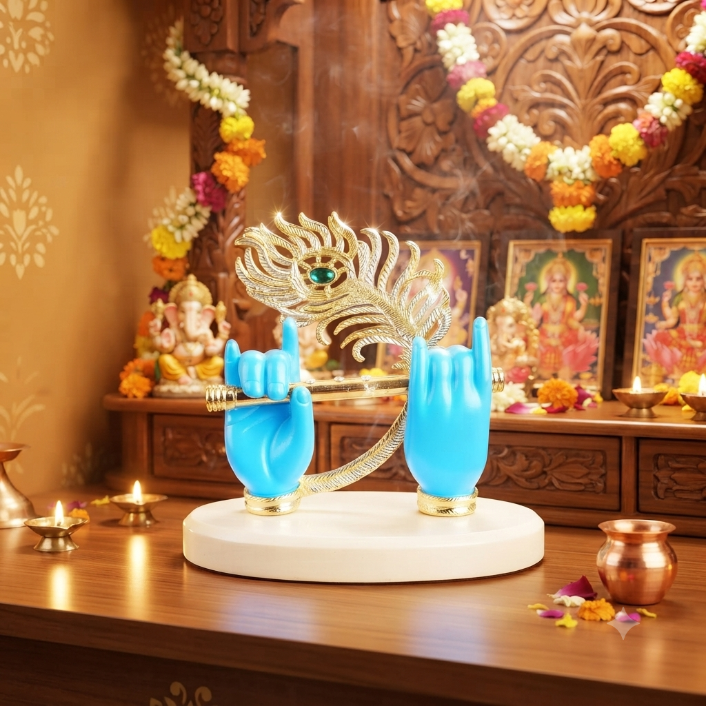 Lord Krishna Hands with Flute Idol Small Big Gold Plated Krishna Ji Hands with Peacock Feather Divine Statue for Car Dashboard Home Decor Griha Pravesh Gift