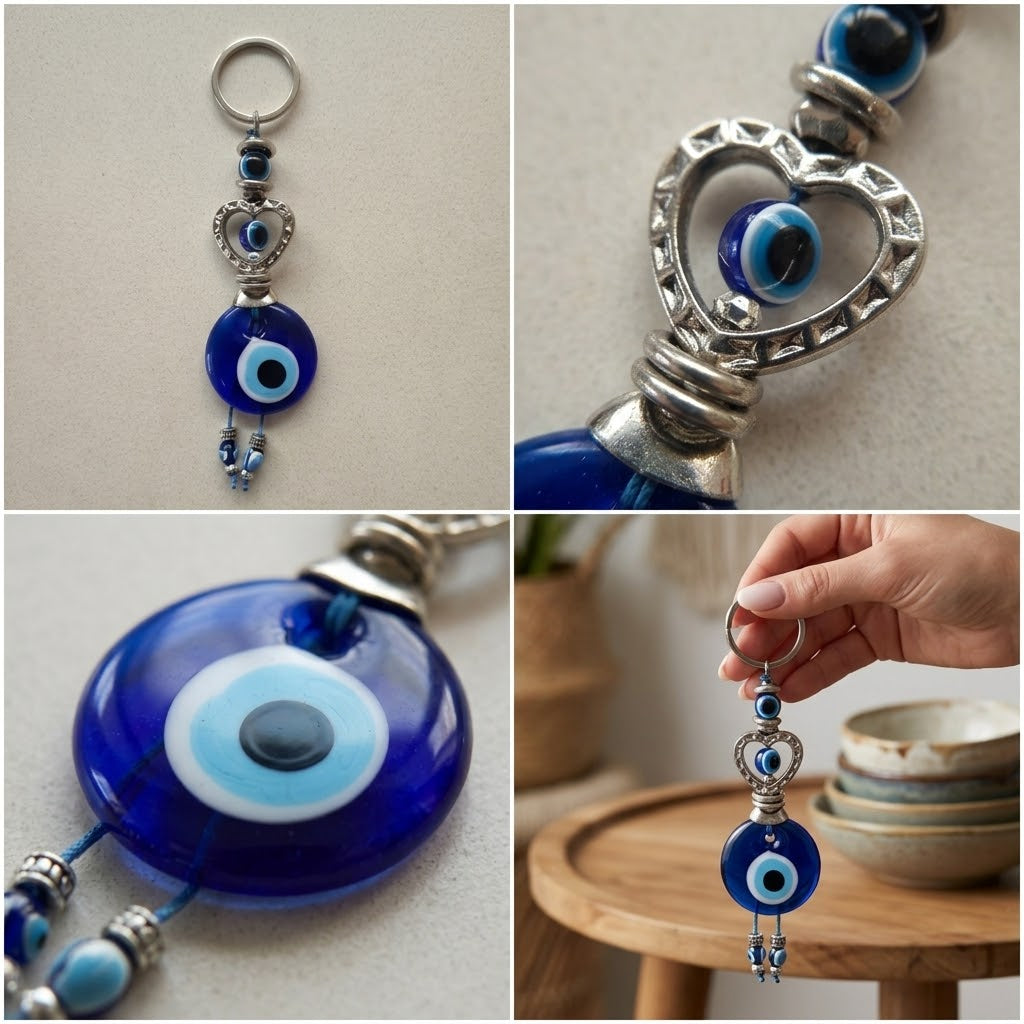 Handmade Glass Evil Eye Keychain – Traditional Blue Nazar Protection Amulet & Lucky Keyring
