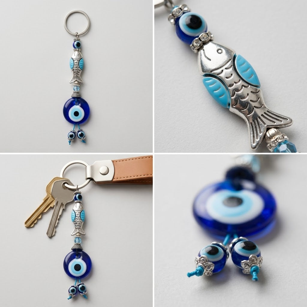 Handmade Glass Evil Eye Keychain – Traditional Blue Nazar Protection Amulet & Lucky Keyring